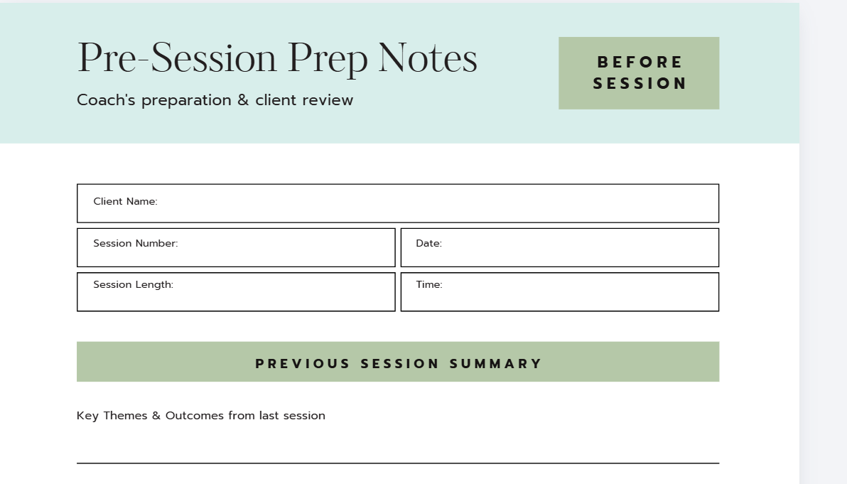 Professional Life Coach Session Planner | Printable Client Session Notes & Coaching Record PDF