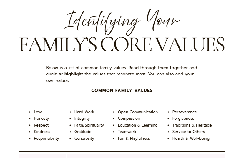 Family Values Workbook | Printable Family Reflection Journal & Values Guide PDF